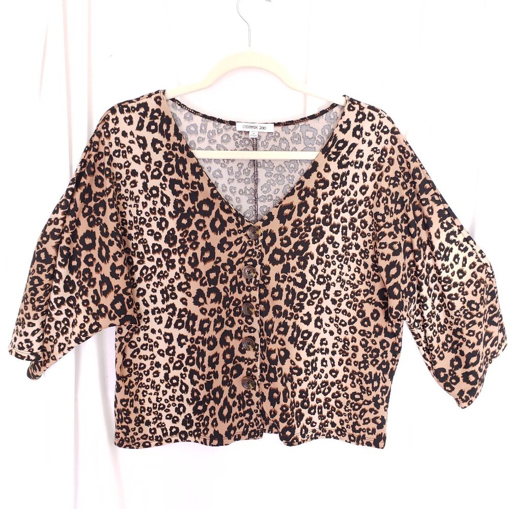 Uncommon Job Women Leopard Print 3/4 Sleeve Button V Neck Crop Blouse Size M
